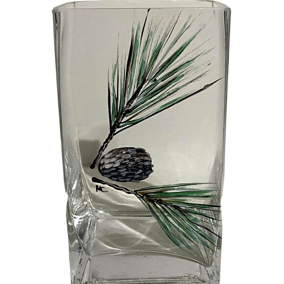 Hand-Painted Signed Glass Vase With Pinecone & Pine Needle Design - Picture 1 of 7